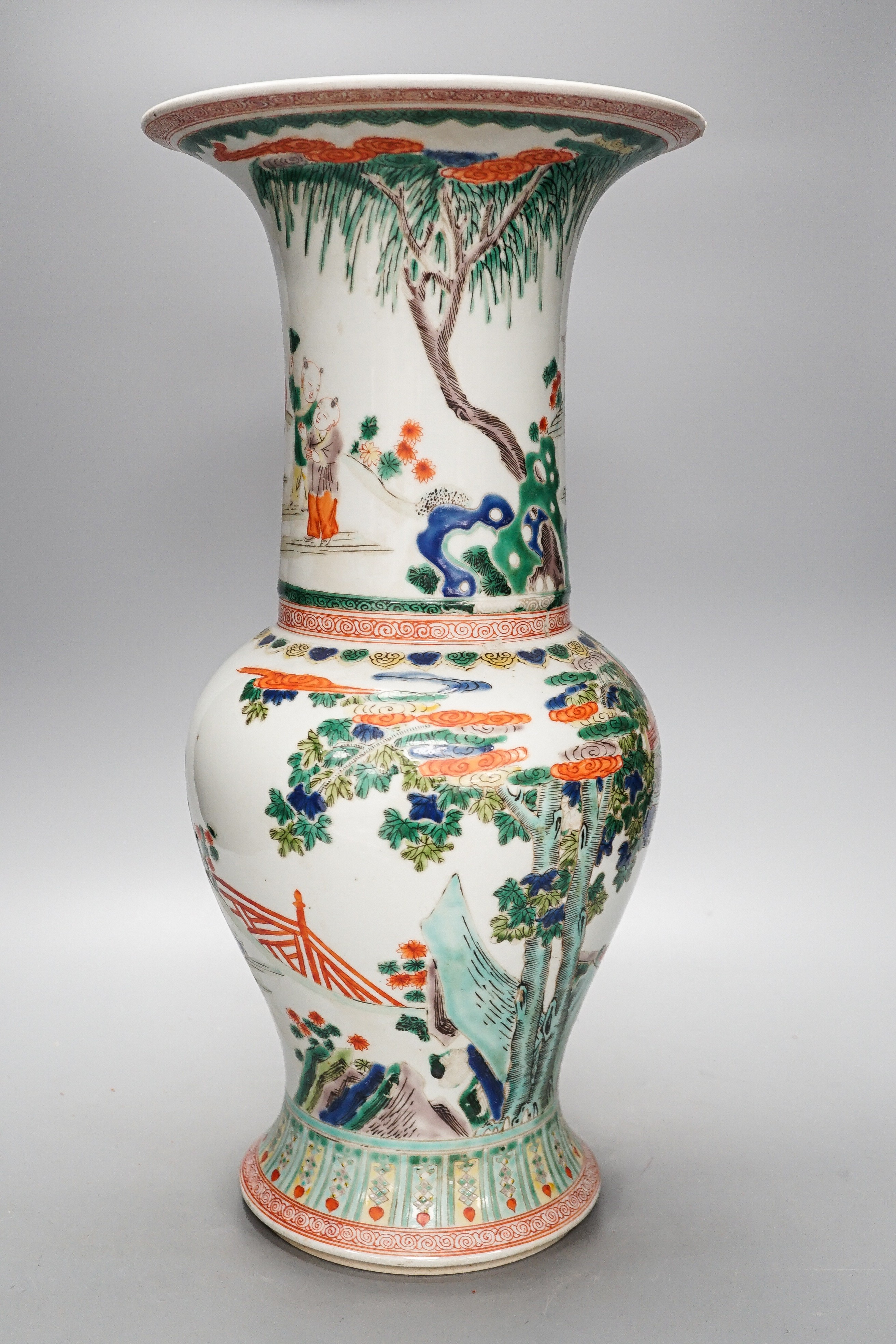 A Chinese famille verte yen-yen vase, Kangxi mark but later, 45cm